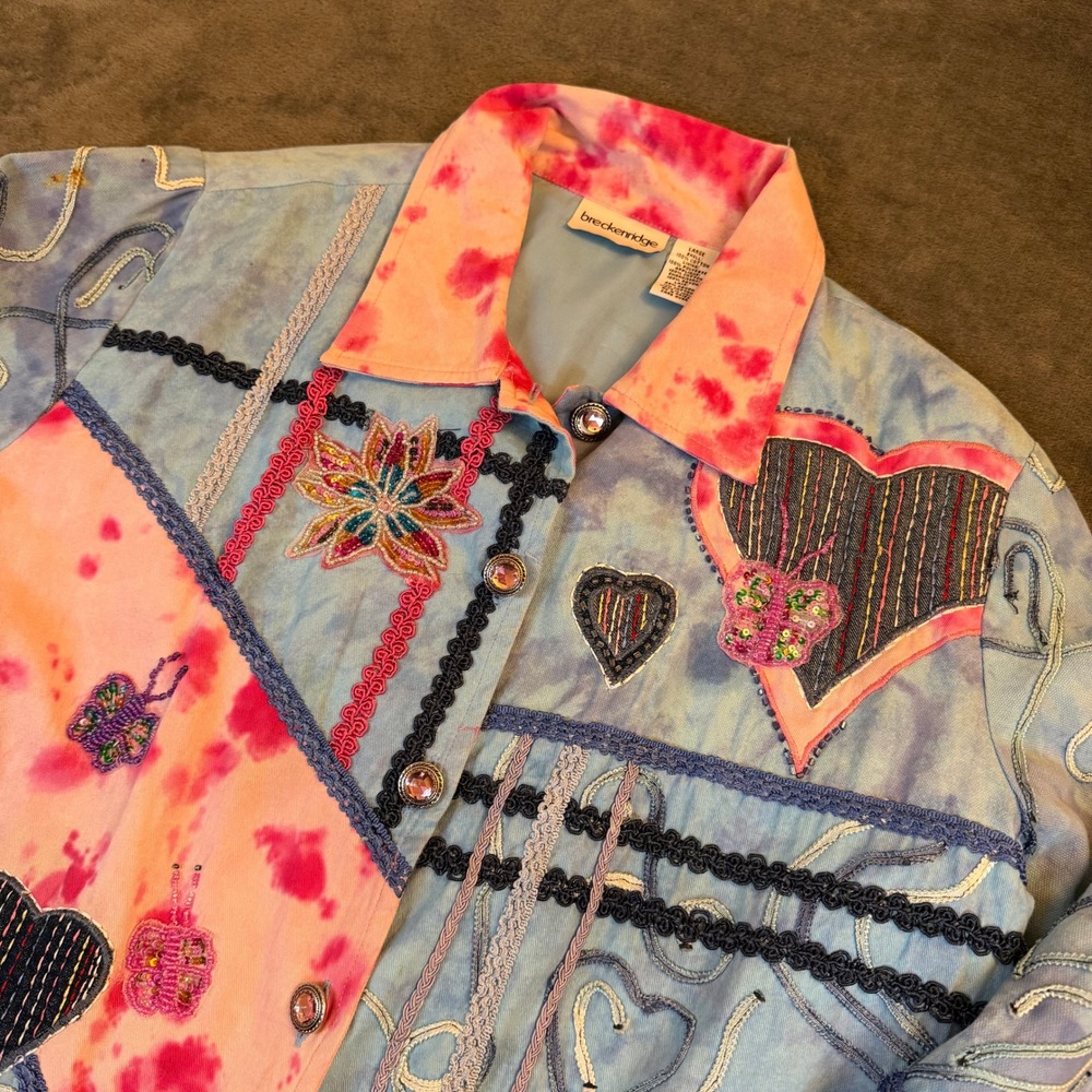 Breckenridge Womens Large Tie Dye Embellished Art to Wear Jacket Pink Blue Heart